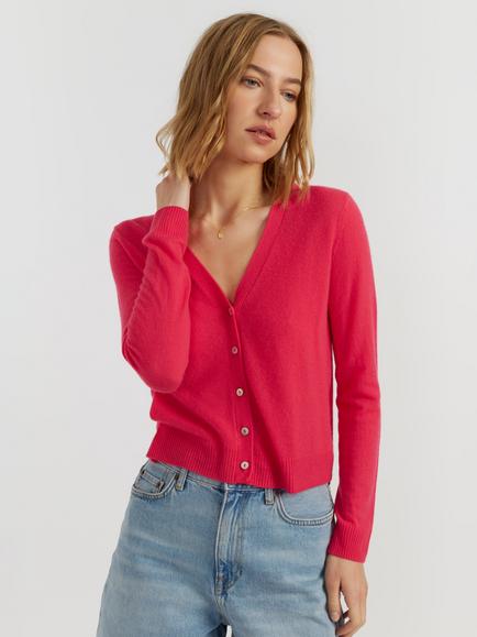 Chinti & Parker Air V-Neck Pure Cashmere Cardigan, Pink Raspberry