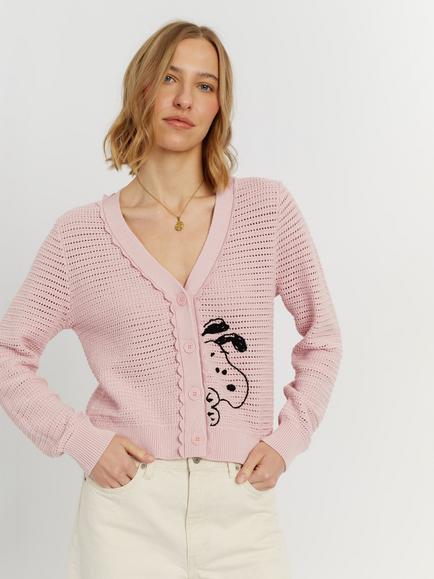 Chinti & Parker Snoopy Peek Crochet Cardigan, Light Pink