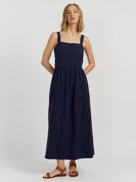 Chinti & Parker Broderie Linen Blend Summer Dress, Navy