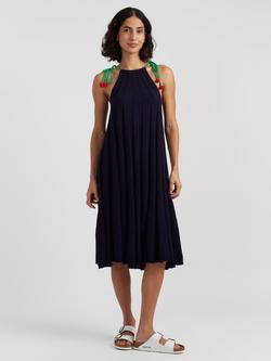 Chinti & Parker Crochet Cherry Strap Sleeveless Cotton Midi Swing Dress, Navy, Navy
