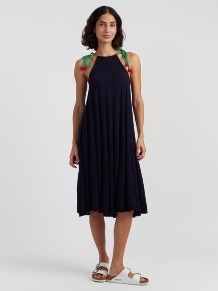 Chinti & Parker Crochet Cherry Strap Sleeveless Cotton Midi Swing Dress, Navy, Navy
