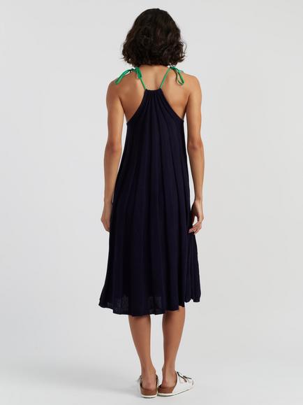 Chinti & Parker Crochet Cherry Strap Sleeveless Cotton Midi Swing Dress, Navy - view 2, Navy