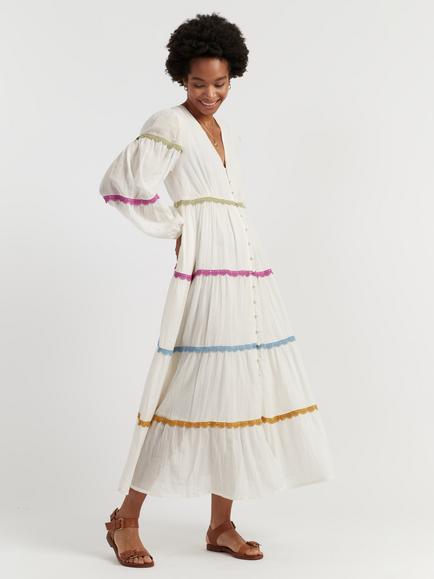 Chinti & Parker Scallop Trim Maxi Dress, Cream/Multi, Cream/Multi