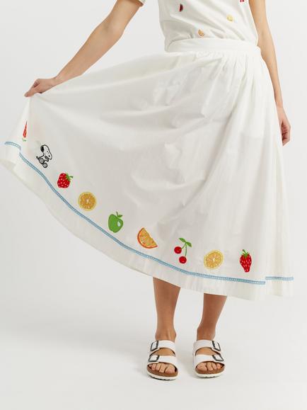 Chinti & Parker Cotton Snoopy Fruit Embroidered Skirt, Cream, Cream