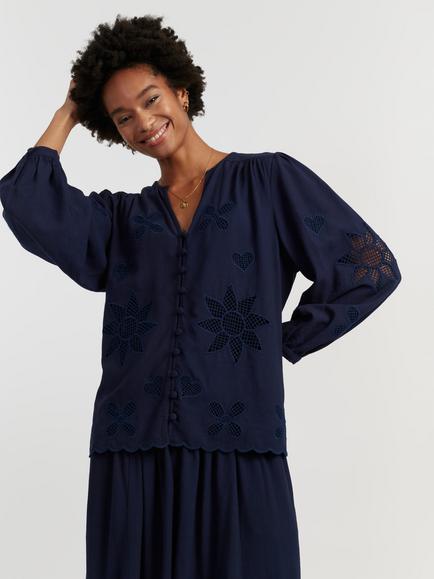 Chinti & Parker Long Sleeve Broderie Blouse, Navy