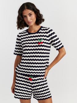 Chinti & Parker Cherry Crochet Stripe T-Shirt, Navy/Cream, Navy/Cream