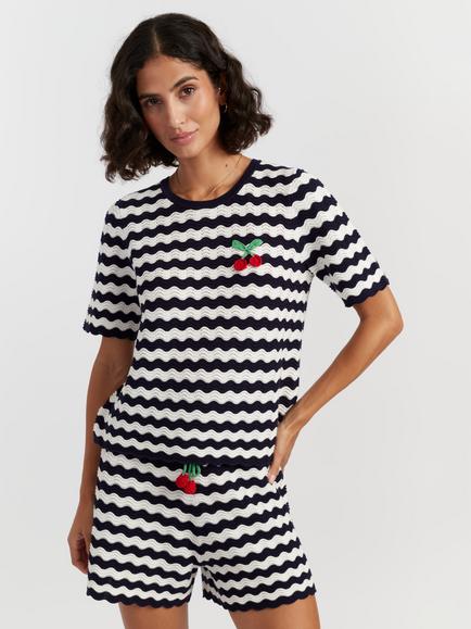 Chinti & Parker Cherry Crochet Stripe T-Shirt, Navy/Cream, Navy/Cream
