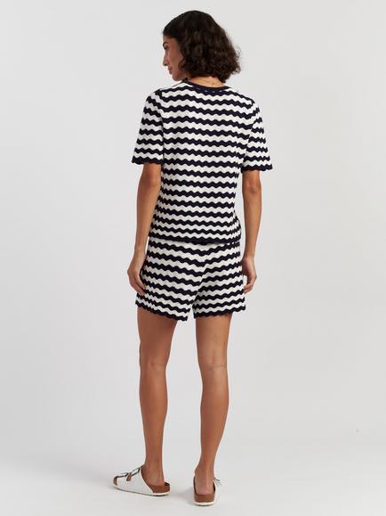 Chinti & Parker Cherry Crochet Stripe T-Shirt, Navy/Cream - view 2, Navy/Cream