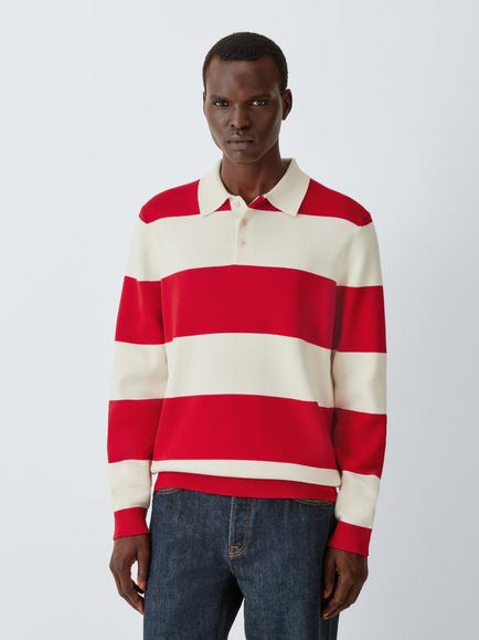 John Lewis Stripe Long Sleeve Cotton Polo Shirt, Red Ecru, Red Ecru