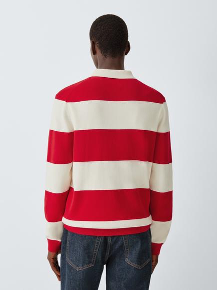 John Lewis Stripe Long Sleeve Cotton Polo Shirt, Red Ecru - view 2, Red Ecru