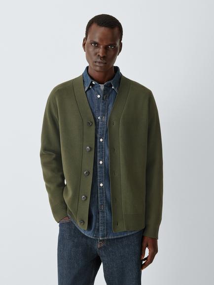 John Lewis Cotton Blend Cardigan, Marsh Olive Ecru