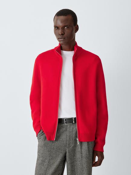 John Lewis Zip Front Cotton Jumper, Red, Red