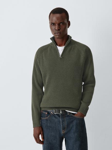 John Lewis Half Zip Ribbed Cotton Jumper, Marsh Olive Ecru, Marsh Olive Ecru