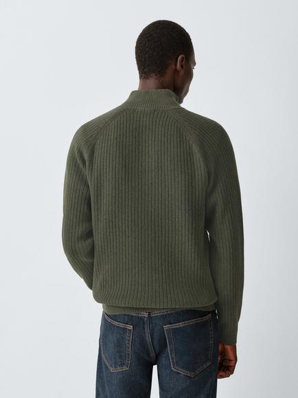 John Lewis Half Zip Ribbed Cotton Jumper, Marsh Olive Ecru - view 2, Marsh Olive Ecru
