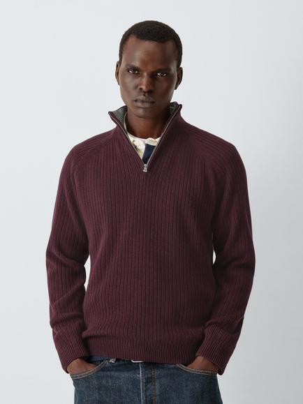 John Lewis Half Zip Ribbed Cotton Jumper, Marsh Olive Ecru, Charcoal