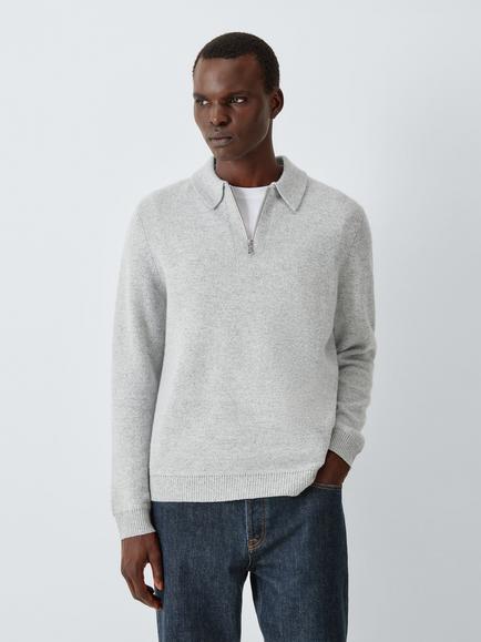John Lewis Zip Neck Long Sleeve Wool Blend Polo Shirt, Grey Marl, Grey Marl