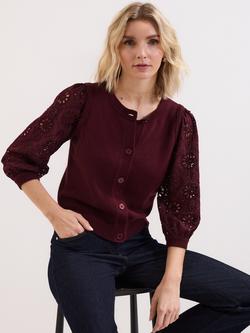 Phase Eight Blythe Broderie Anglaise Sleeves Knit Cardigan, Burgundy, Burgundy