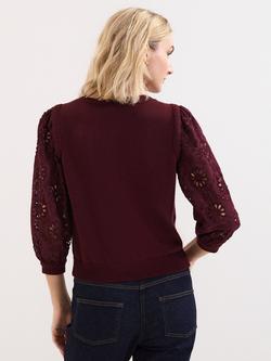 Phase Eight Blythe Broderie Anglaise Sleeves Knit Cardigan, Burgundy - view 2, Burgundy