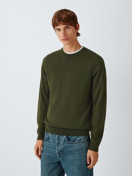 John Lewis Merino Wool Crew Neck Jumper, Army Green
