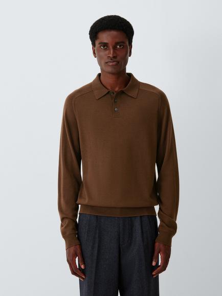 John Lewis Merino Wool Knitted Polo Top, Tobacco