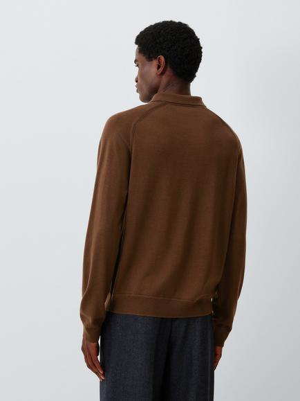 John Lewis Merino Wool Knitted Polo Top - view 2, Tobacco