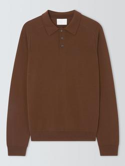 John Lewis Merino Wool Knitted Polo Top, Navy, Tobacco