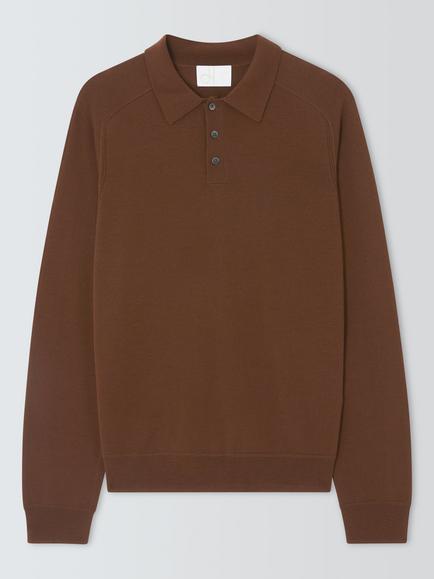 John Lewis Merino Wool Knitted Polo Top, Tobacco