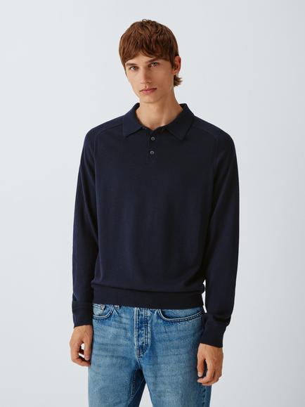 John Lewis Merino Wool Knitted Polo Top, Navy