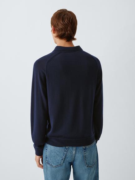 John Lewis Merino Wool Knitted Polo Top - view 2, Navy