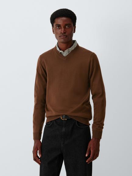 John Lewis Merino Wool V-Neck Jumper, Tobacco