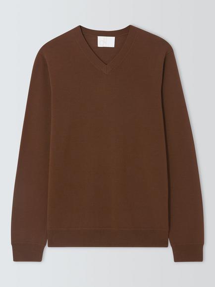 John Lewis Merino Wool V-Neck Jumper, Tobacco