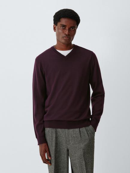 John Lewis Merino Wool V-Neck Jumper, Burgundy