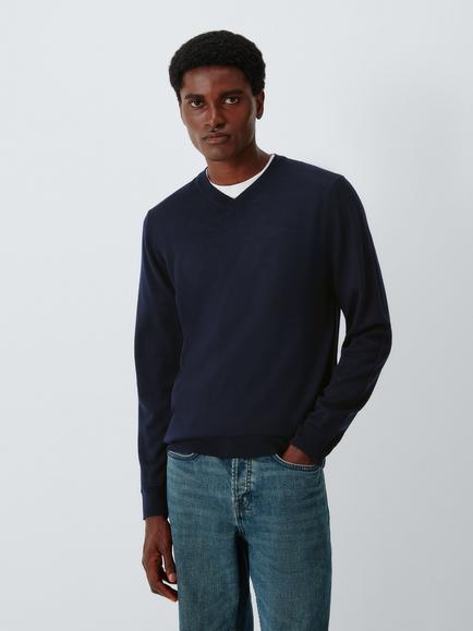 John Lewis Merino Wool V-Neck Jumper, Navy