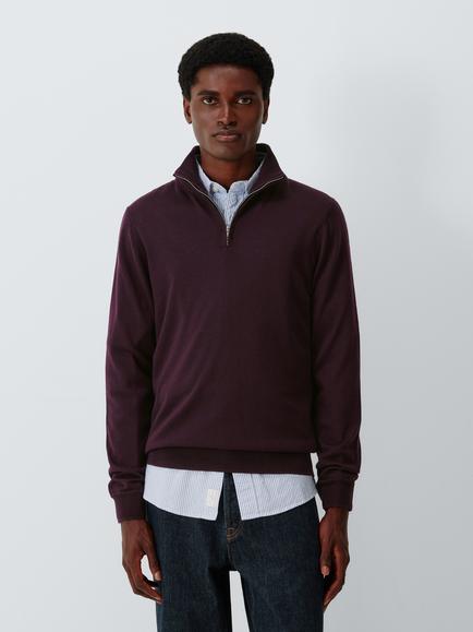 John Lewis Merino Wool Zip-Neck Jumper, Burgundy