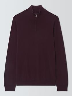 John Lewis Merino Wool Zip-Neck Jumper, Black, Burgundy