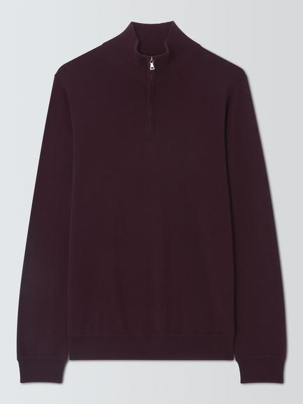 John Lewis Merino Wool Zip-Neck Jumper, Burgundy
