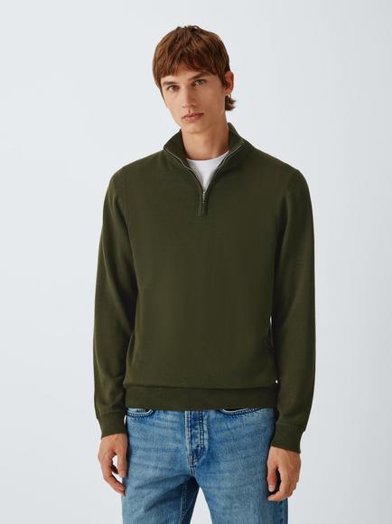 John Lewis Merino Wool Zip-Neck Jumper, Army Green