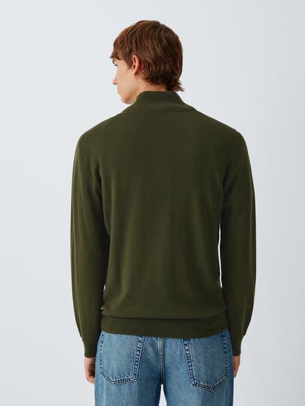 John Lewis Merino Wool Zip-Neck Jumper - view 2, Army Green