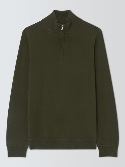 John Lewis Merino Wool Zip-Neck Jumper, Army Green