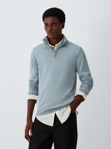 John Lewis Merino Wool Zip-Neck Jumper, Light Steel