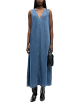 white christmas dresses Puff-Sleeve Denim Midaxi Dress – Ro&Zo