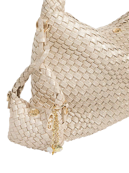 Dune London Deliberatexs Woven Bag Charm, Champagne