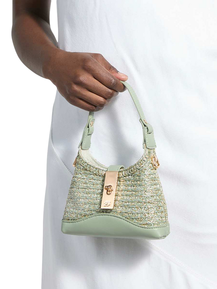 Dune London Supportive Raffia Chain Strap Micro Bag, Green - view 2, Green