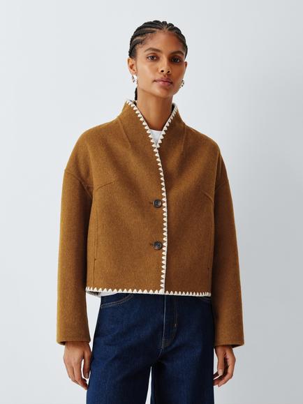AND/OR Double-Faced Wool Blend Short Coat, Tabacco