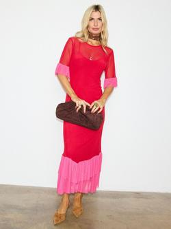 Never Fully Dressed Katie Colour Block Mesh Dress, Red/Pink, Red/Pink