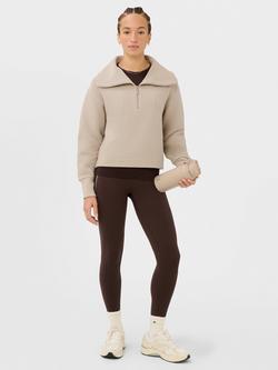 Sweaty Betty Peaceful Half Zip Ribbed Cropped Sweatshirt, Dusk Beige, Dusk Beige