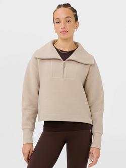 Sweaty Betty Peaceful Half Zip Ribbed Cropped Sweatshirt, Dusk Beige - view 2, Dusk Beige