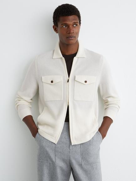 Reiss Dunstall Wool Knit Zip Through Overshirt, White, White