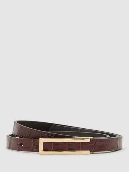 Reiss Bronya Croc Texture Pure Leather Belt, Burgundy, Burgundy