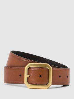 Reiss Edna Square Buckle Pure Leather Belt, Tan, Tan